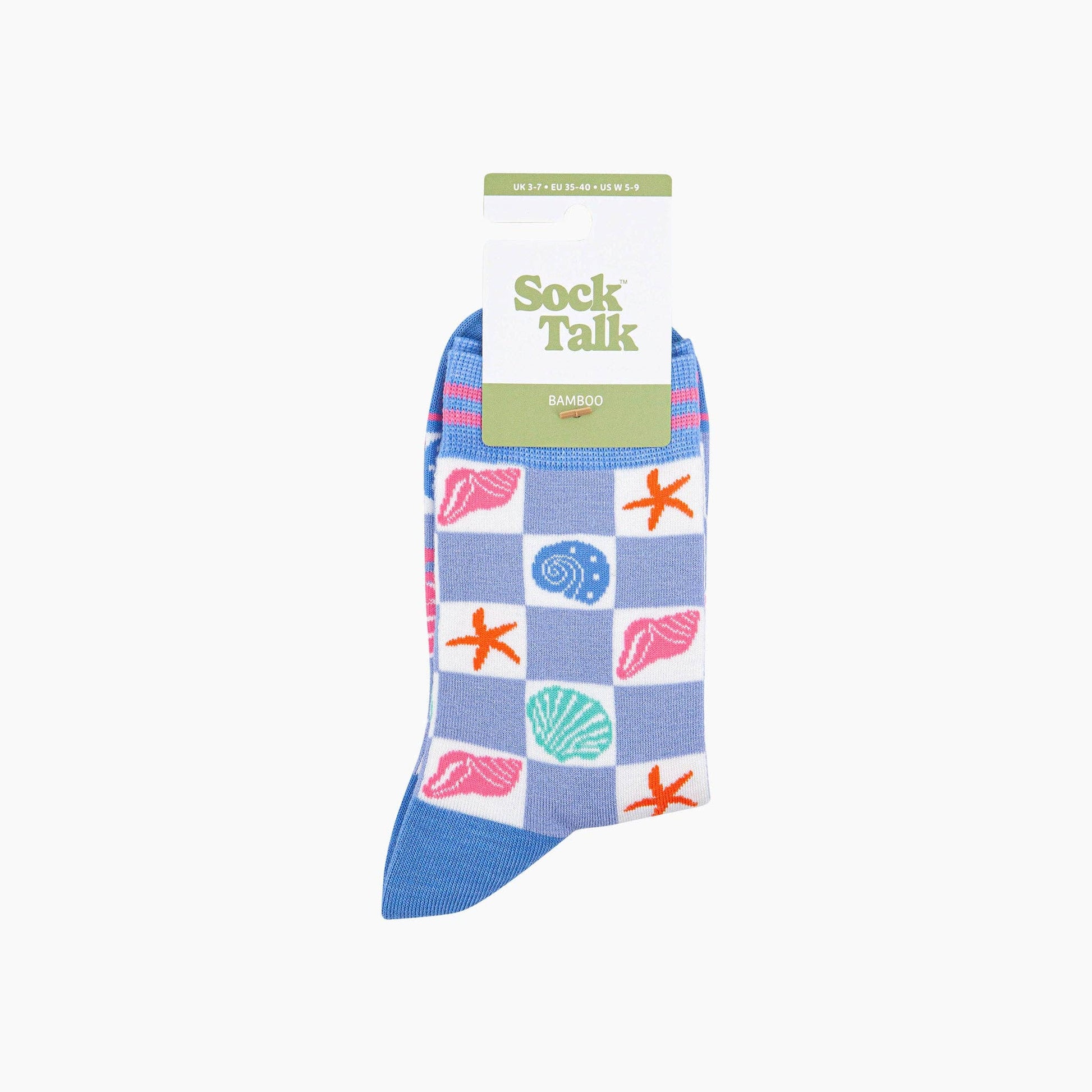 Packaged sock with shell pattern on a white background