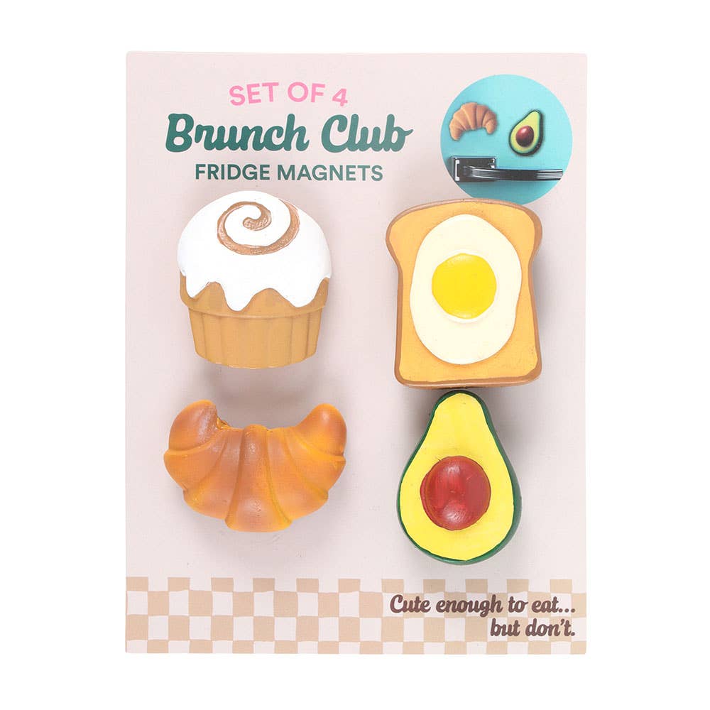 Set of 4 brunch-themed fridge magnets on a branded card.