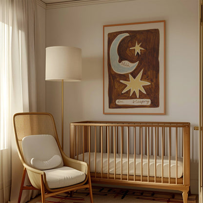 Nursery room with wooden crib, chair, and wall art of a moon and star.