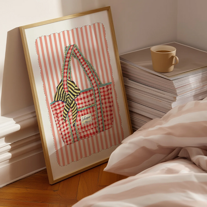 Red Gingham Shopper Print | A4 Handdrawn Stripe Art Print