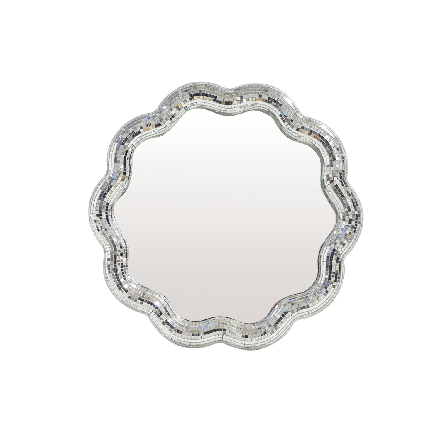 Decorative round mirror with a scalloped edge and mosaic border on a white background