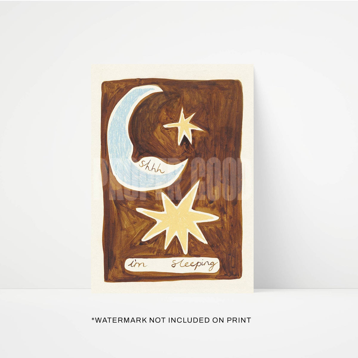 Wooden sign with moon and star design on a white background