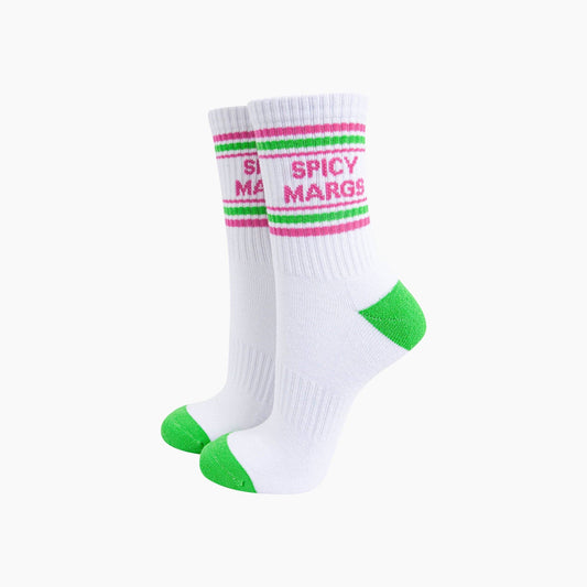White spicy margs socks with green and pink text on a white background