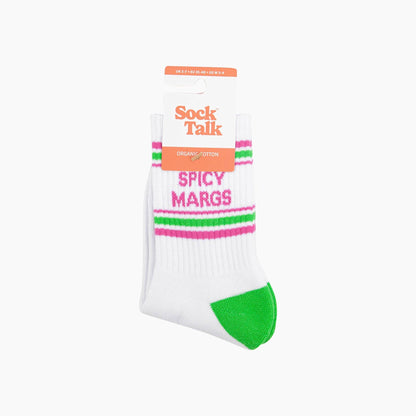 White sock with colorful text and green heel, on a white background