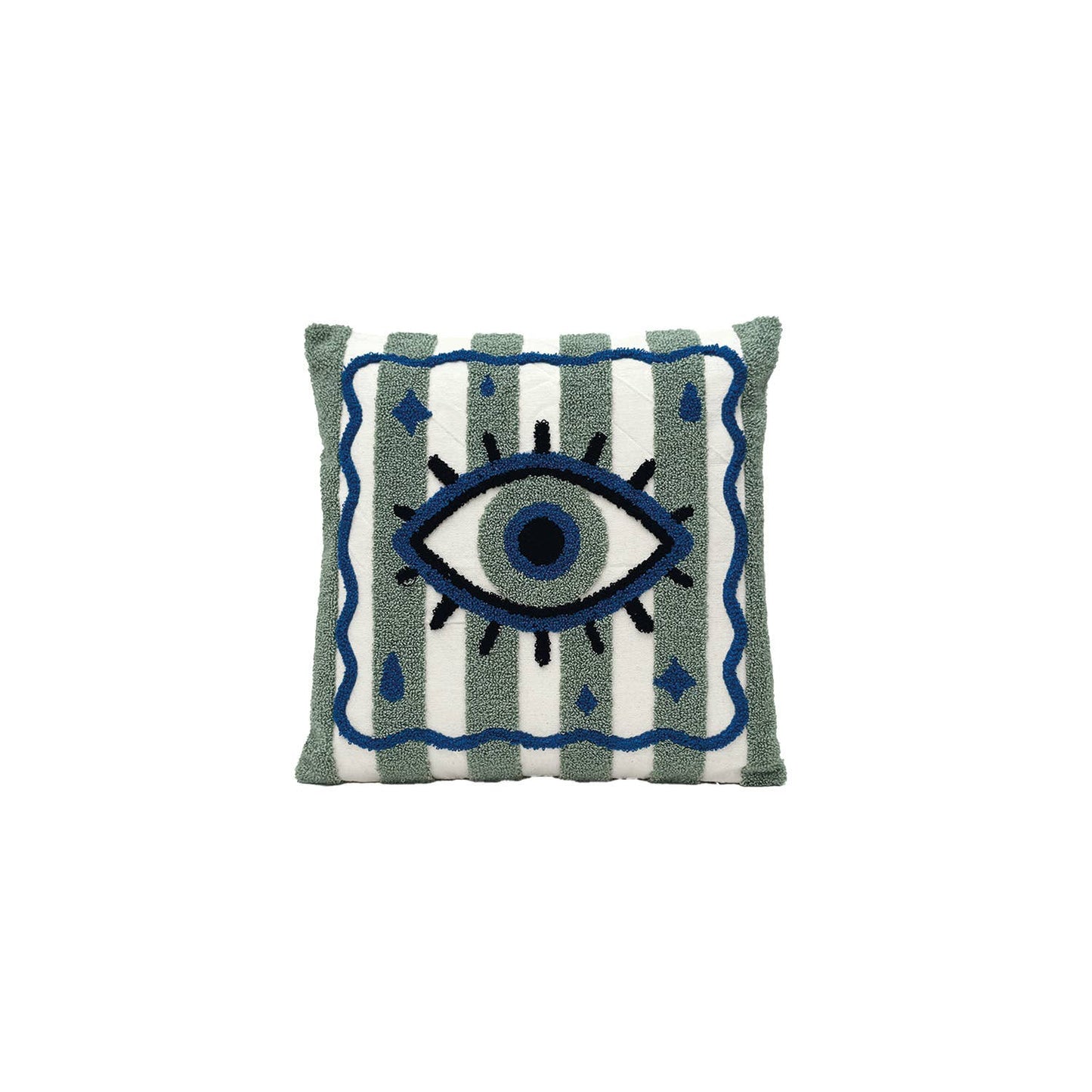 Decorative pillow with eye design on a white background
