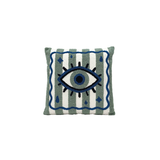 Decorative pillow with eye design on a white background