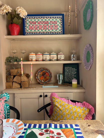 Yellow floral cushion with Pink Gingham Frill | Handmade cushions