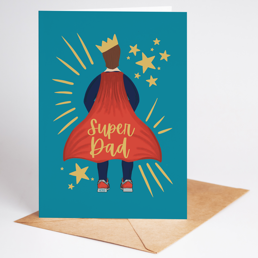 Greeting card with a superhero dad illustration on a blue background