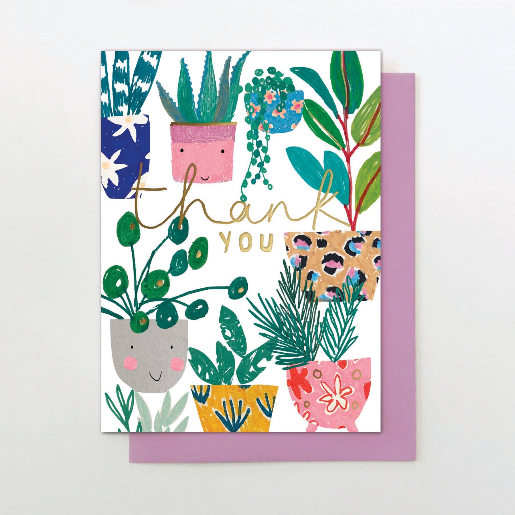 Greeting card with colorful plant illustrations and 'thank you' text on a white background.