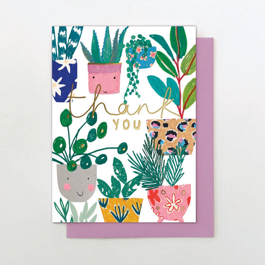 Greeting card with colorful plant illustrations and 'thank you' text on a white background.