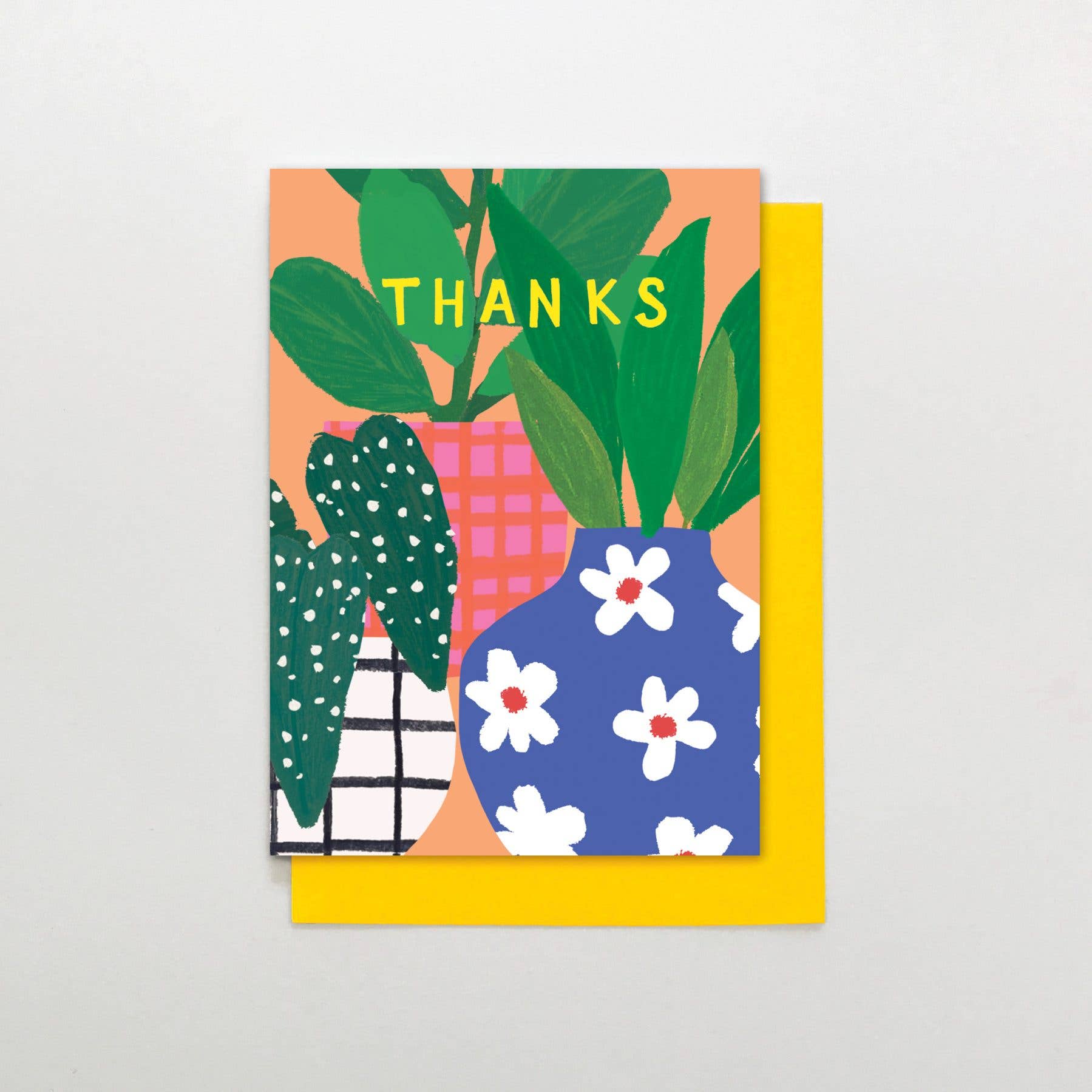 Greeting card with plants and a vase on a colorful background