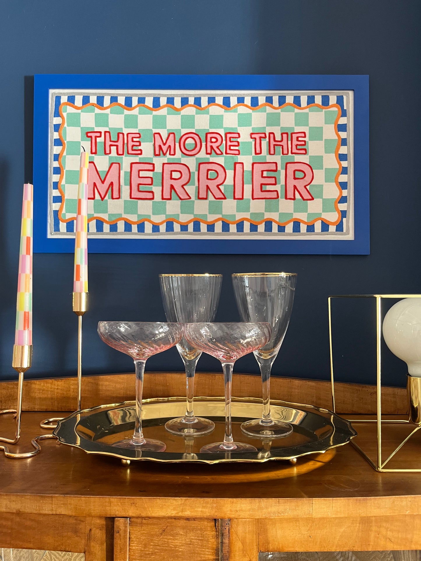 The More the Merrier Blue Framed Fabric Print | Textile wallhanging