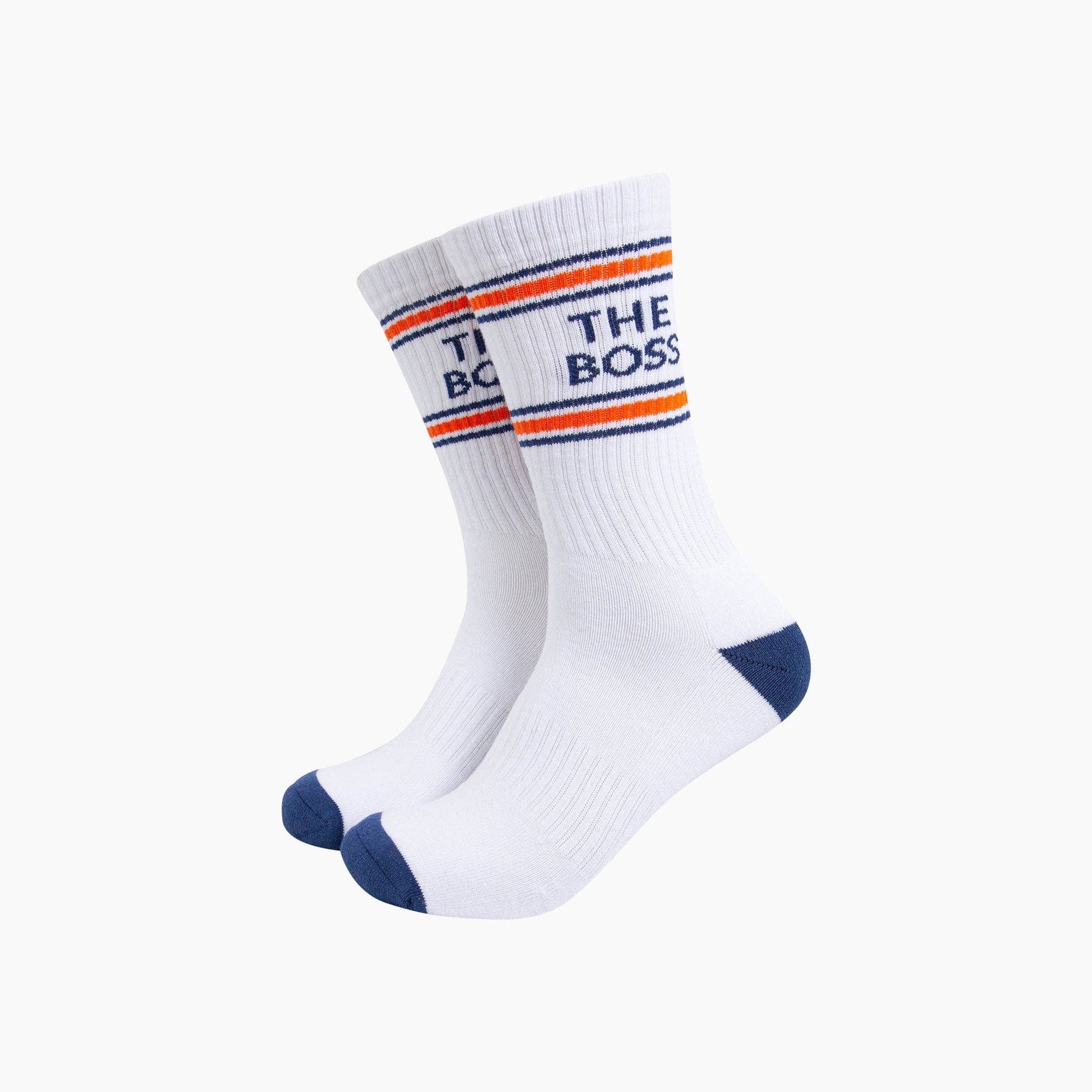White socks with colorful text and design on a white background
