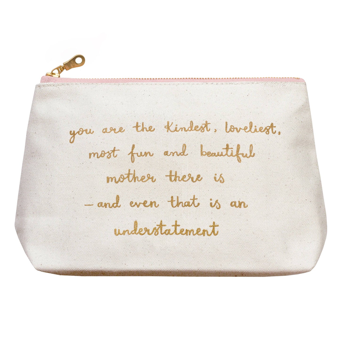Canvas pouch with gold text on a white background