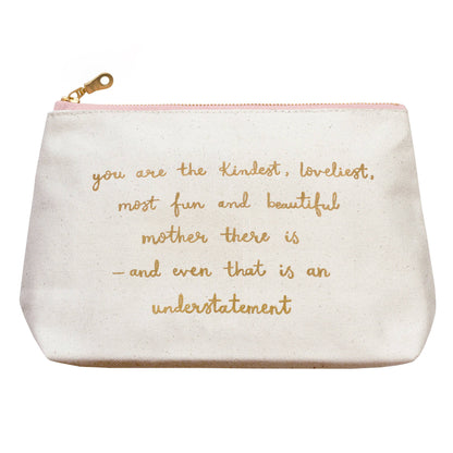 Canvas pouch with gold text on a white background