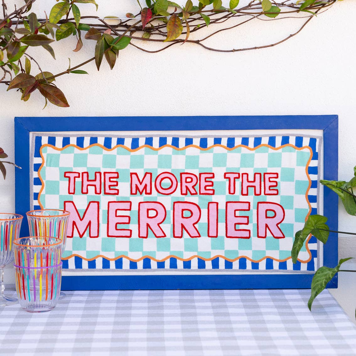 The More the Merrier Blue Framed Fabric Print | Textile wallhanging