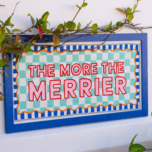 The More the Merrier Blue Framed Fabric Print | Textile wallhanging