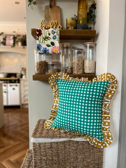 turquoise frill kitchen by kitchen shelves on wicker baskets