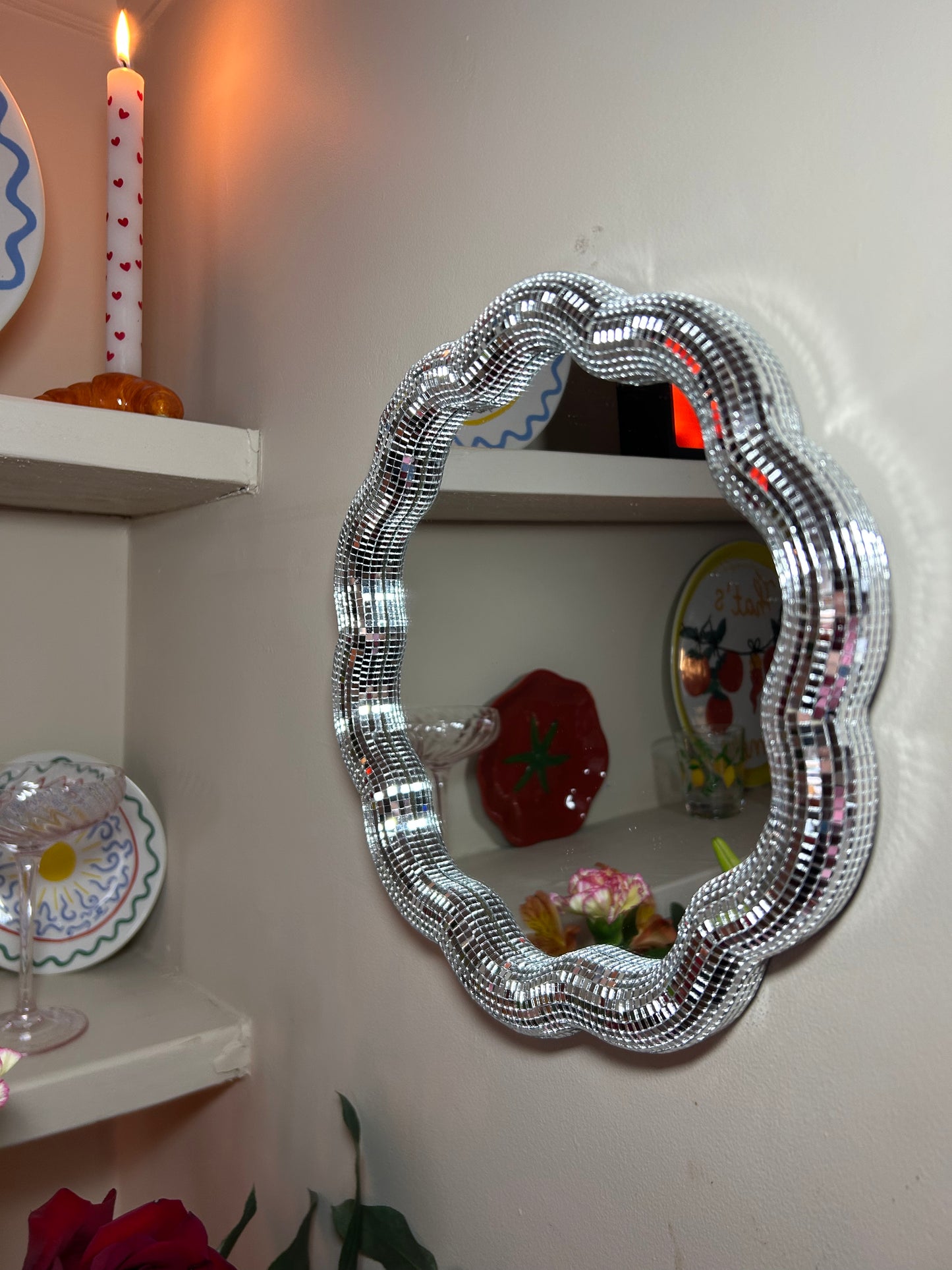 Silver Disco Mirror | Wavy Scallop Edge Wall Mirror