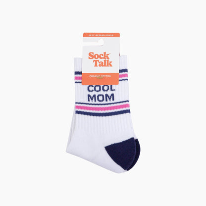 White sock with 'Cool Mom' text and colorful stripes on a white background