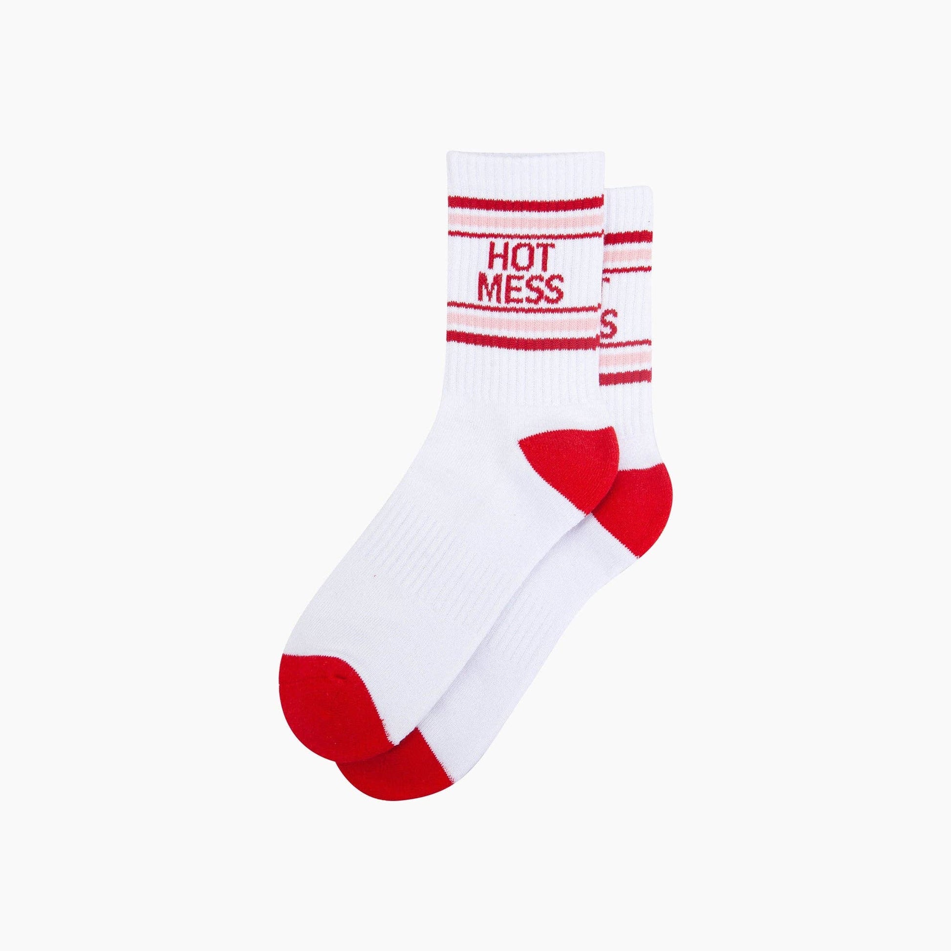 White sock with red accents and 'HOT MESS' text on a white background