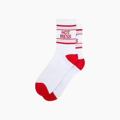 White sock with red accents and 'HOT MESS' text on a white background