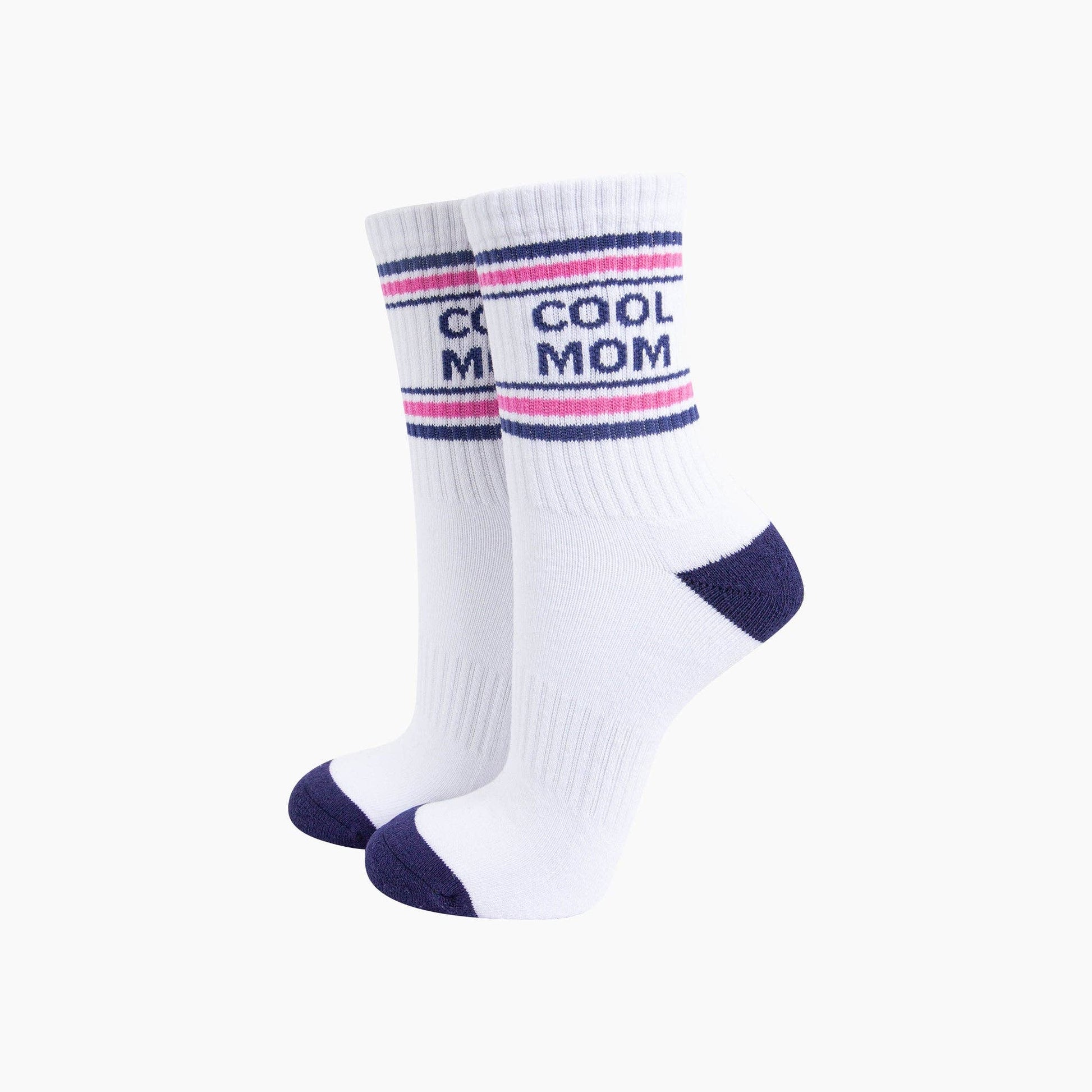 White socks with 'Cool Mom' text on a white background