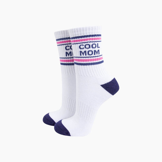 White socks with 'Cool Mom' text on a white background