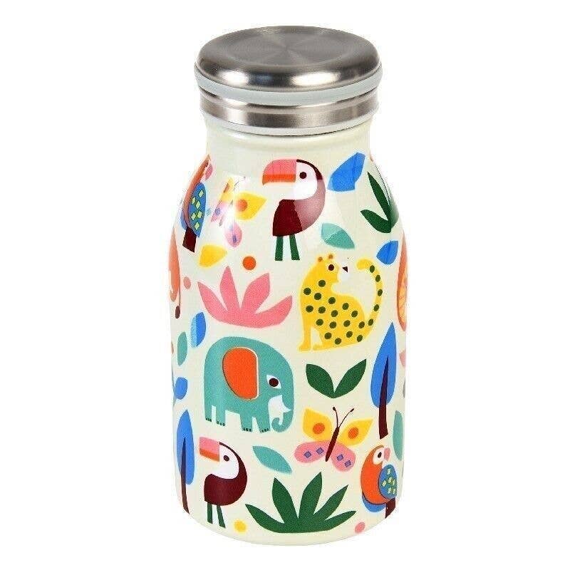 Stainless steel bottle with colourful animal patterns on a white background