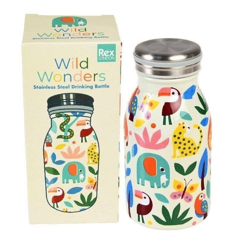 Colorful animal-patterned drinking bottle with 'Wild Wonders' branding next to its packaging.