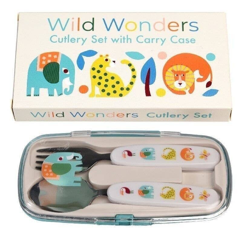 Wild Wonders cutlery set with carry case featuring animal illustrations on a white background.