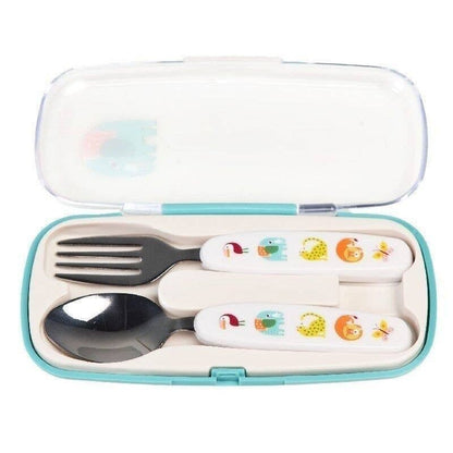 Children's cutlery set with fork, spoon, and knife in a case on a white background