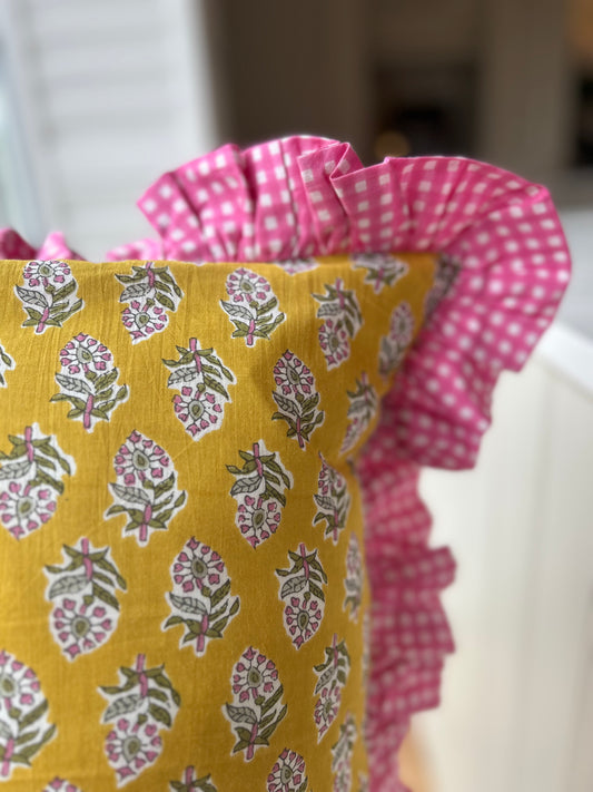 Yellow floral cushion with Pink Gingham Frill | Handmade cushions