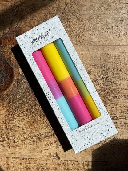 Pink, blue and yellow party candles | Vibrant home decor