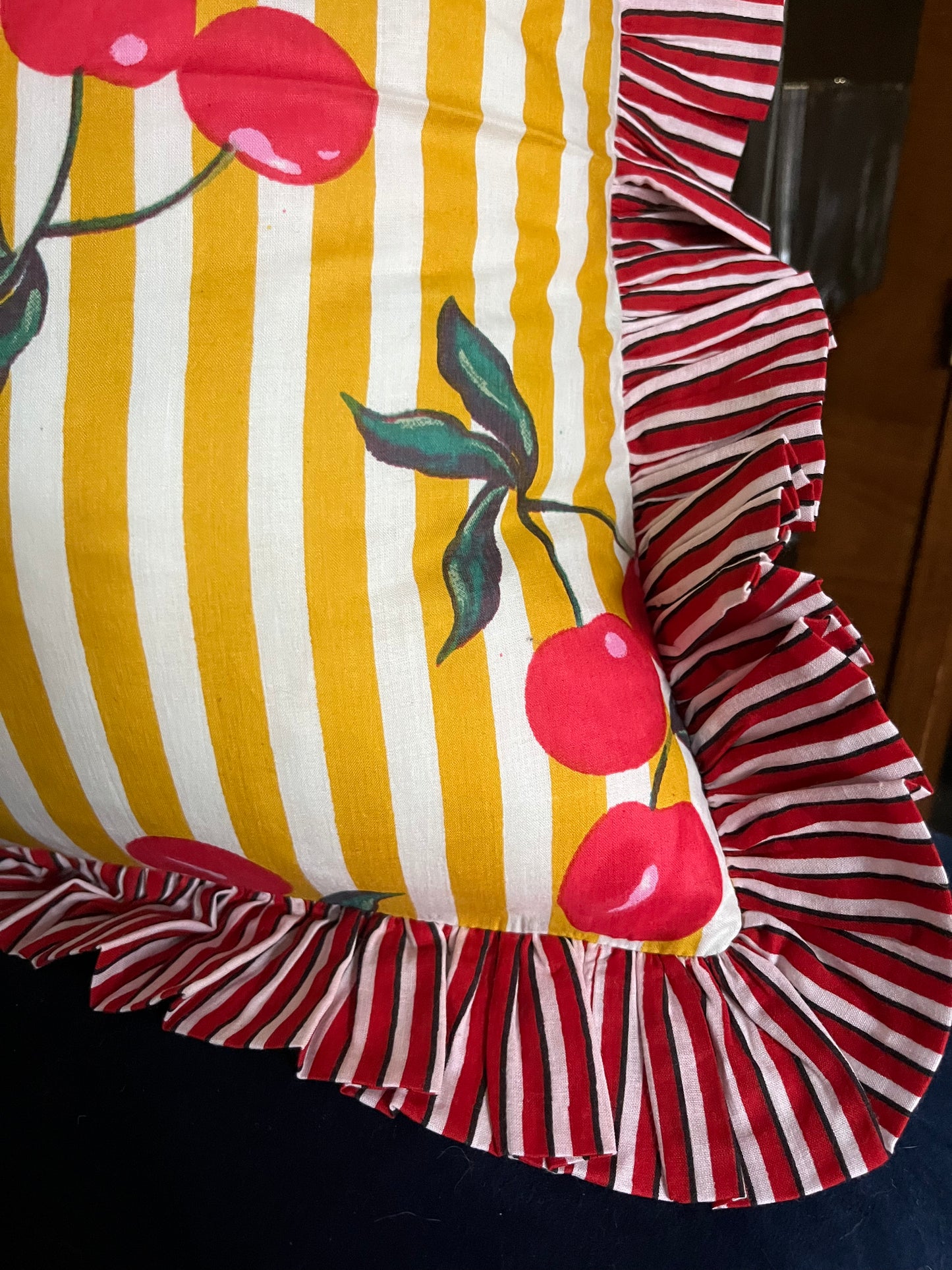 Yellow Stripe Cherry Print cushion with striped frill | Fruit Design Home Decor