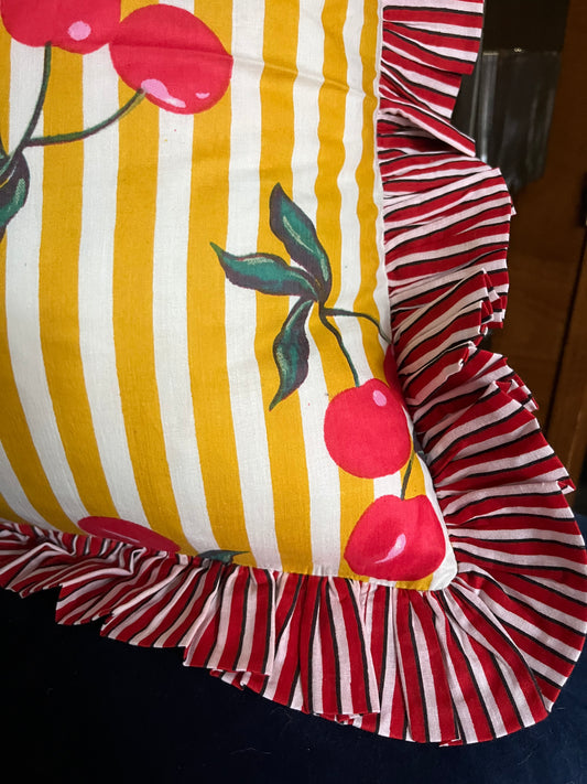 Yellow Stripe Cherry Print cushion with striped frill | Fruit Design Home Decor