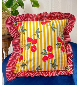 Yellow Stripe Cherry Print cushion with striped frill | Fruit Design Home Decor