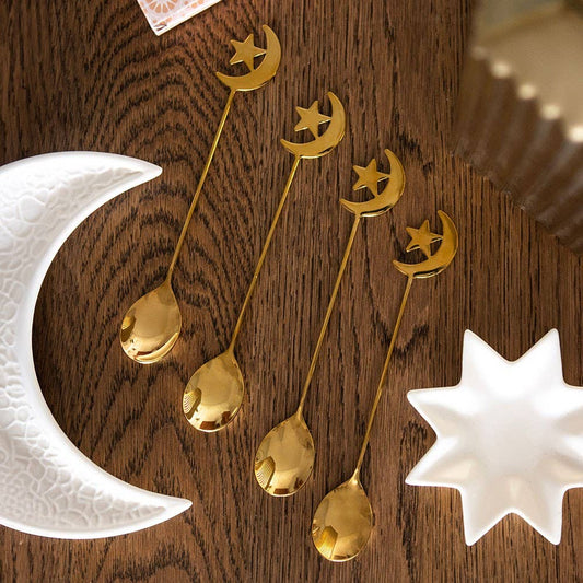 Set of 4 Star & Moon Teaspoons | Celestial Gold Spoon Set