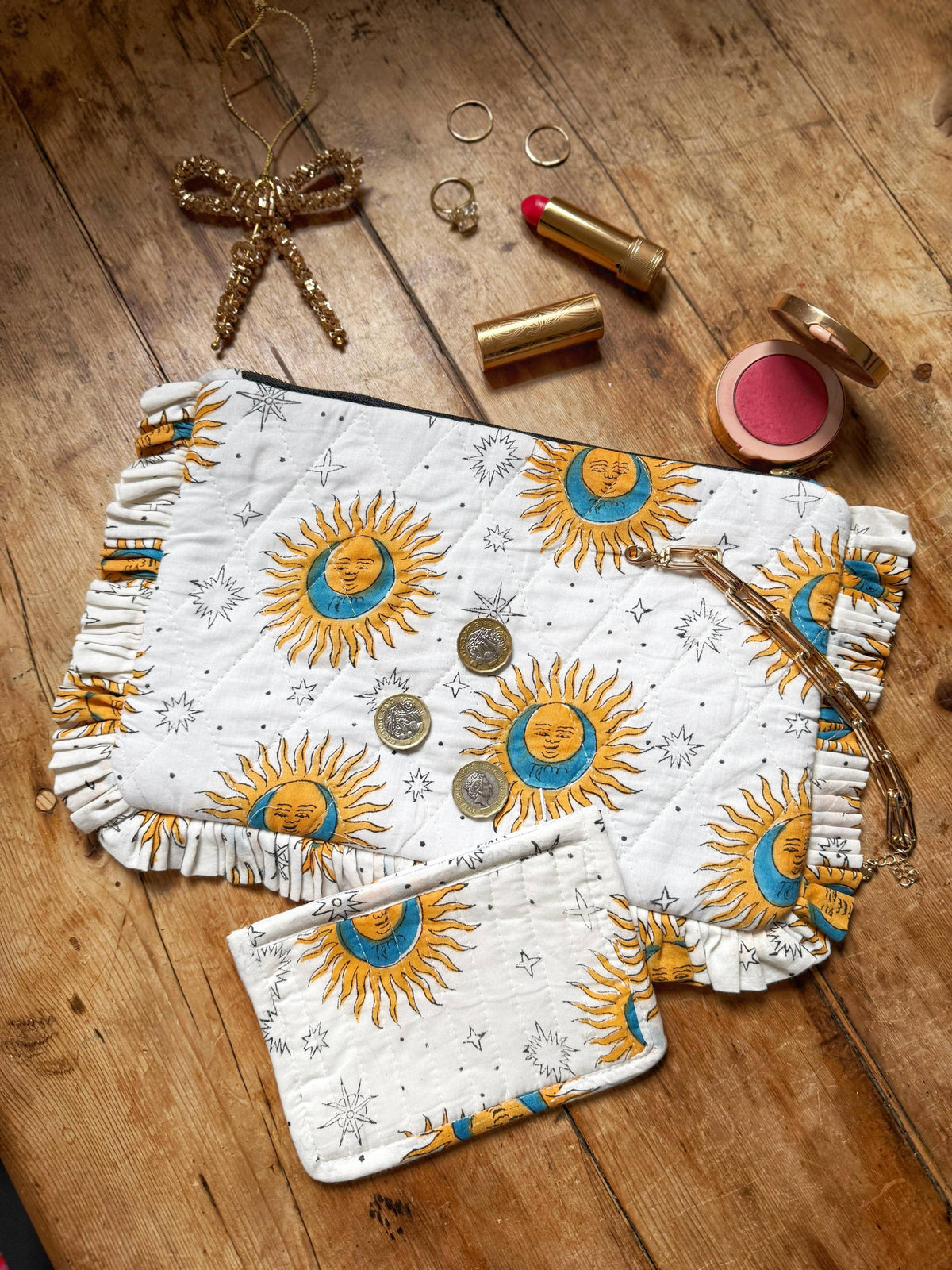 Celestial Ruffle Clutch | Hand Block Printed Quilted Cotton Clutch Bag