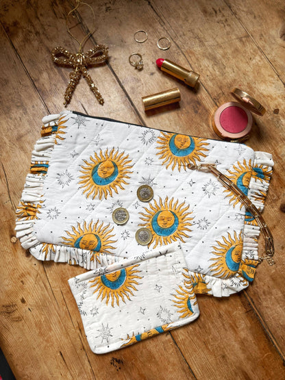 Celestial Ruffle Clutch | Hand Block Printed Quilted Cotton Clutch Bag