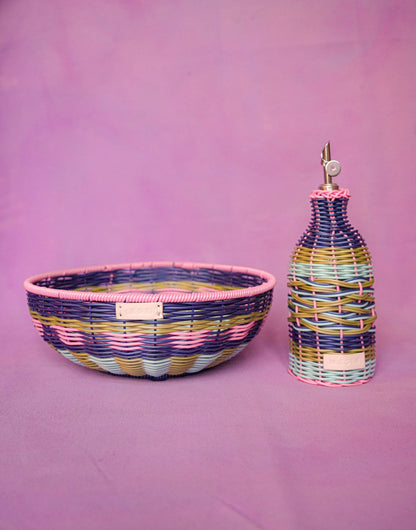 Maegen Hand Woven Oil Pourer in Pink & Navy | Faux Rattan Oil Bottle