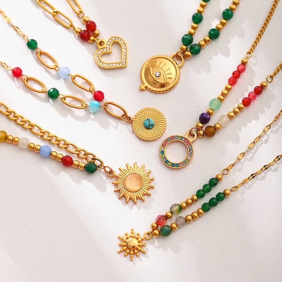 Bright Bead & Mini Sun Charm Necklace | 18k Gold Plated Waterproof Necklace