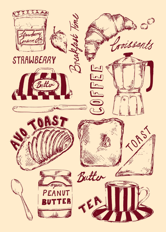 Breakfast Time A4 Print | Hand-Drawn Burgandy & Cream Food Illustration