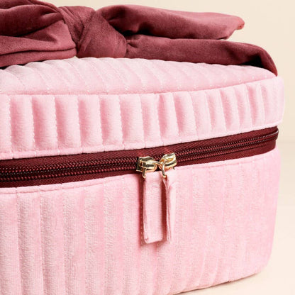 Pale Pink & Red Velvet Bow Vanity Makeup Bag | Elegant Compact Case