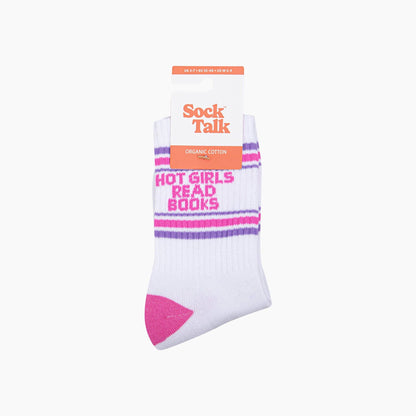 Hot Girls Read Books Organic Cotton Sports Socks | White & Hot Pink Slogan Socks