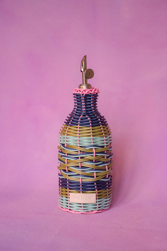 Maegen Hand Woven Oil Pourer in Pink & Navy | Faux Rattan Oil Bottle