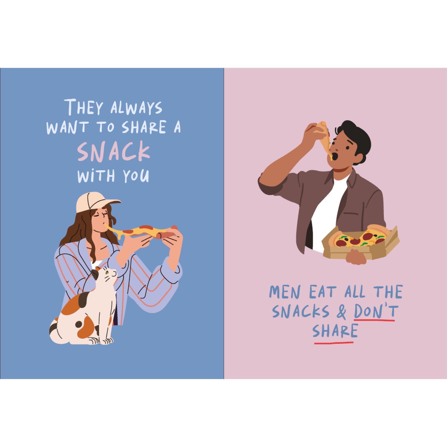 Cartoon illustration of a woman with a dog and a man eating pizza, with text about sharing snacks.