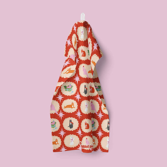 Festive Cats Christmas Tea Towel | Cat lover Kitchen Towel