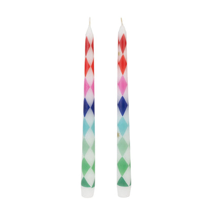 Harlequin Print Candle Pair | Multicoloured Festive Taper Candles