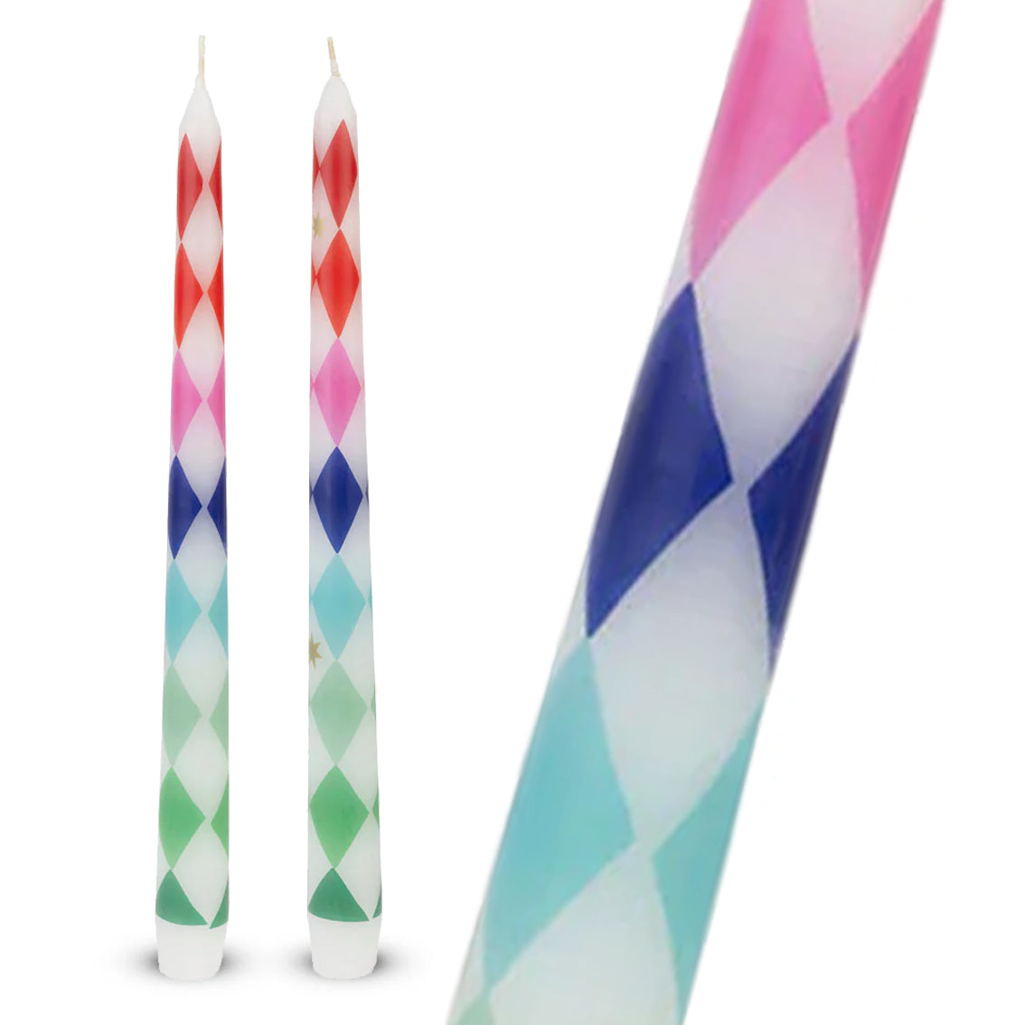 Harlequin Print Candle Pair | Multicoloured Festive Taper Candles